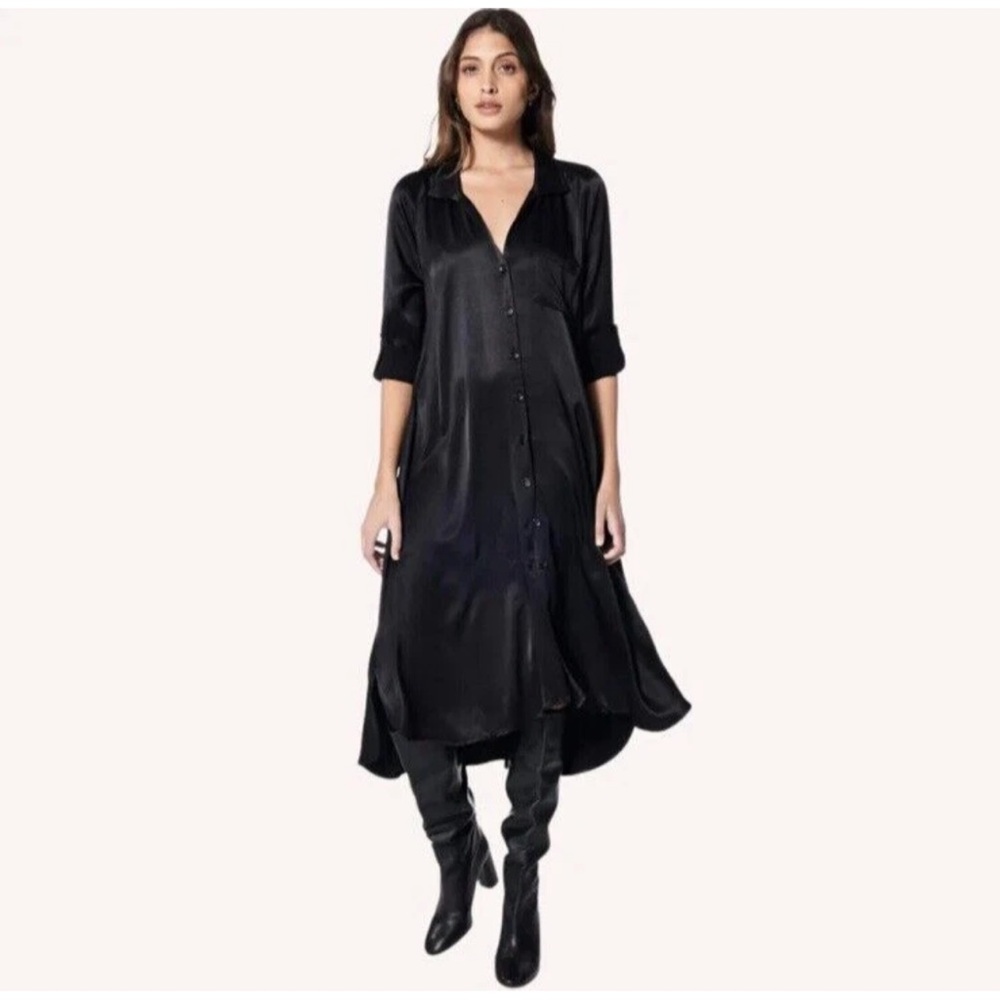 YFB YOUNG FABULOUS AND BROKE Black Satin Long Sleeve button down Maxi Dress M